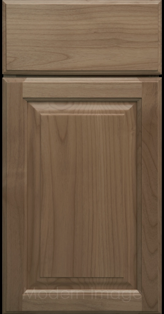Fawn stained Hampton raised panel kitchen cabinets with flat slab drawer fronts.